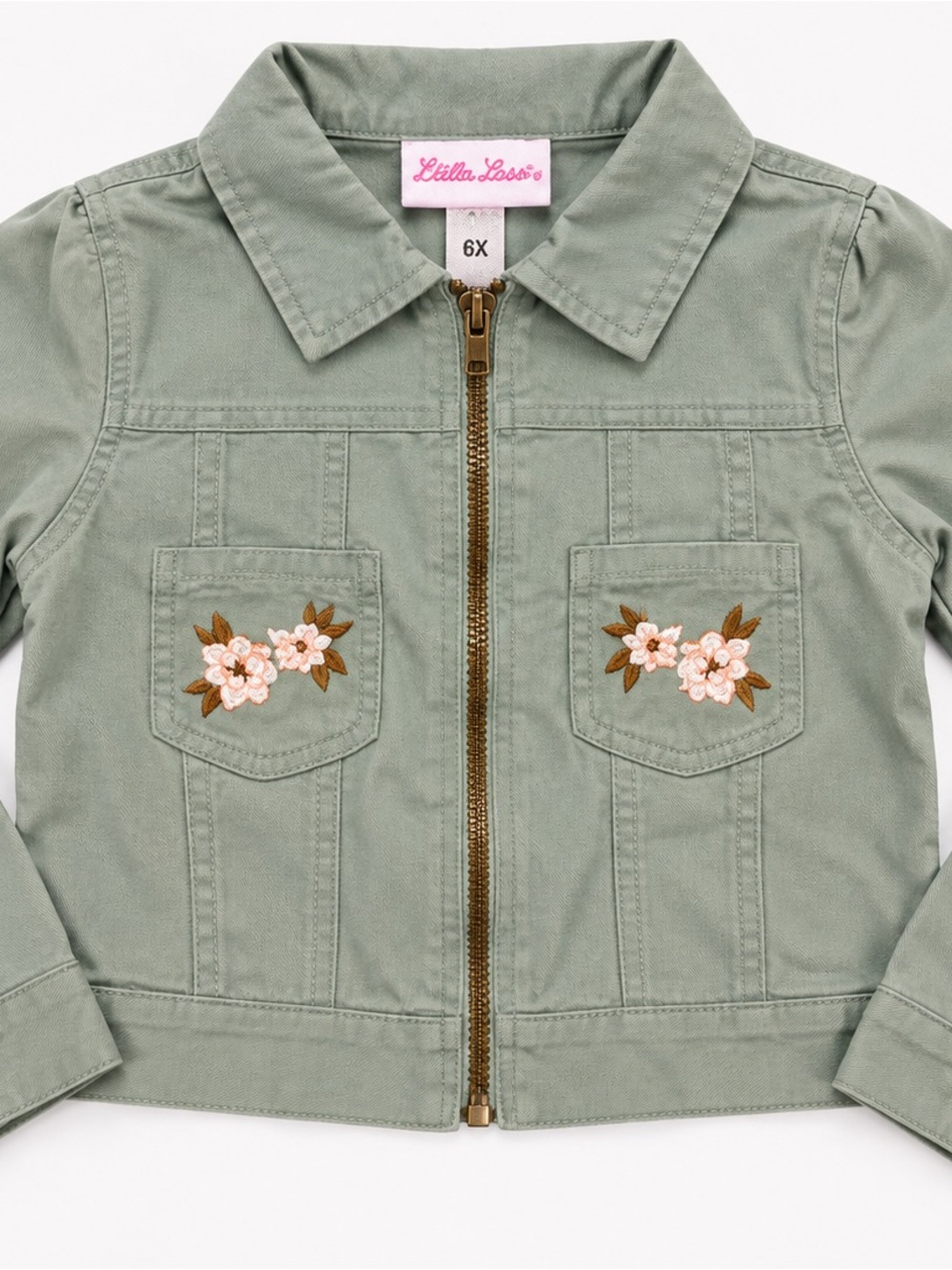 Little Lass Sage Green Embroidered Front-Pocket Jacket